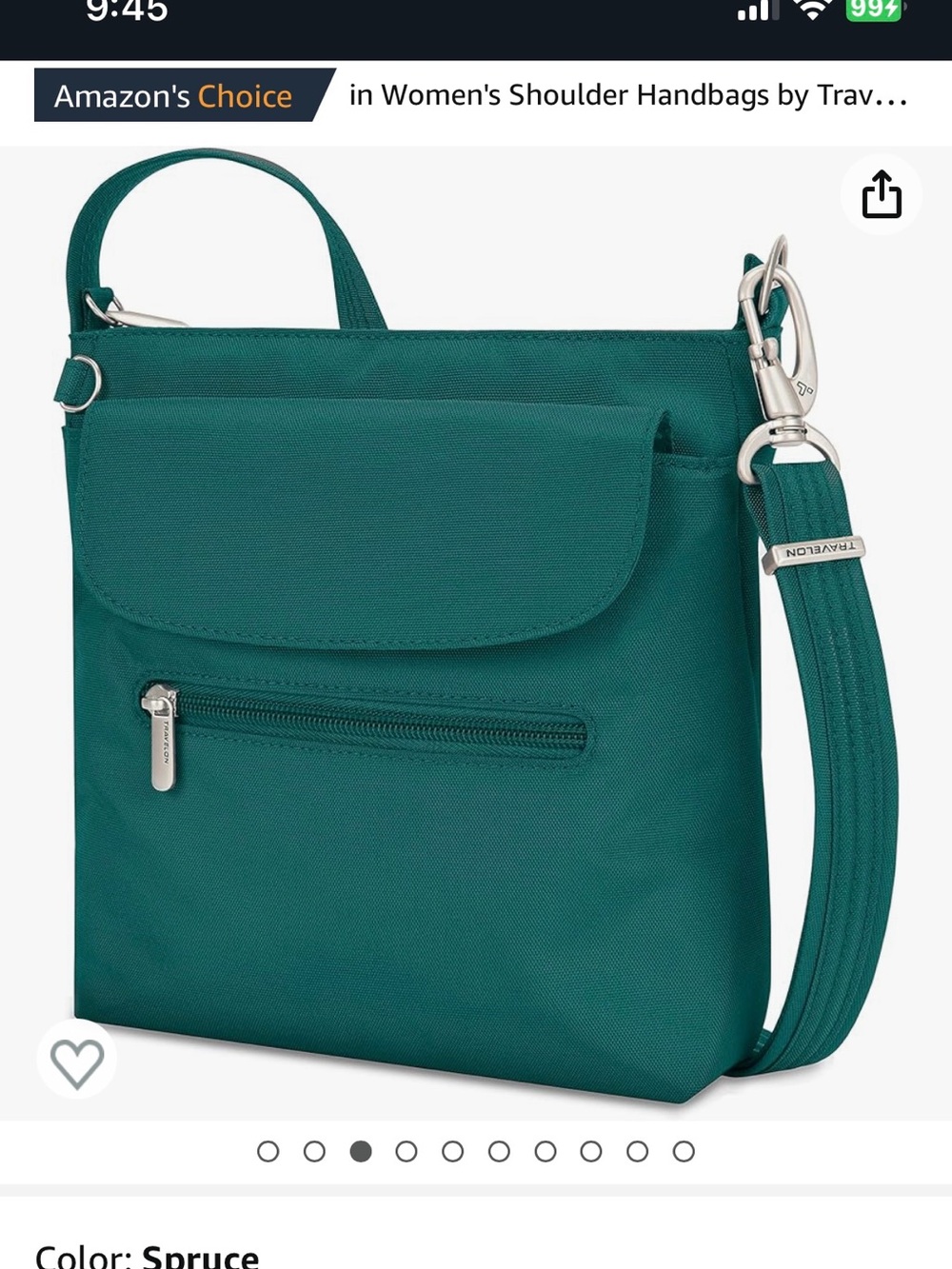 Travelon Teal Crossbody Bag with Front Zip Pockets